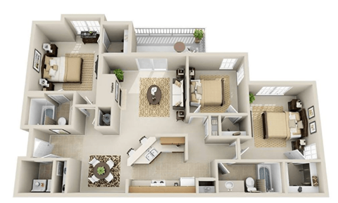 Floor plan for 3 beds, 2 baths, 1276 sqft